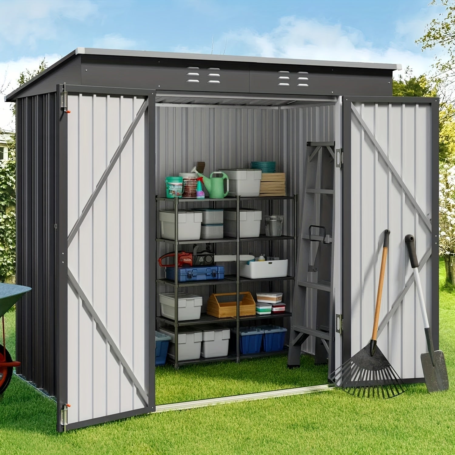 Metal storage shed with open door showing shelves and gardening tools on a grassy area.